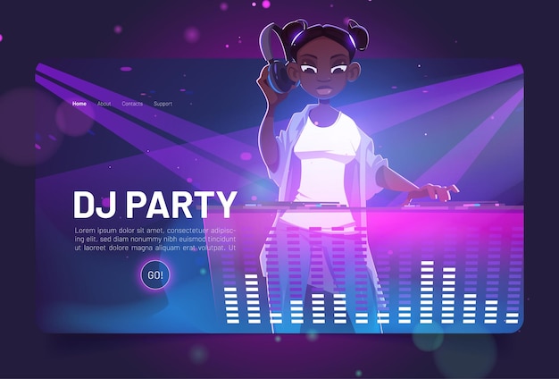 Целевая страница мультфильма DJ party, африканская девушка-диск-жокей в наушниках носит современную одежду и прическу играет на консоли во время танцевального фестиваля или битвы в музыкальном клубе, вектор веб-баннер