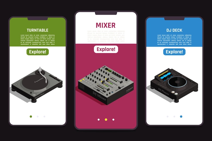 Free Vector dj  tools  online  3  isometric  mobile  smartphones  screens  set  with  turntable  mixer  deck  equipment  info    illustration