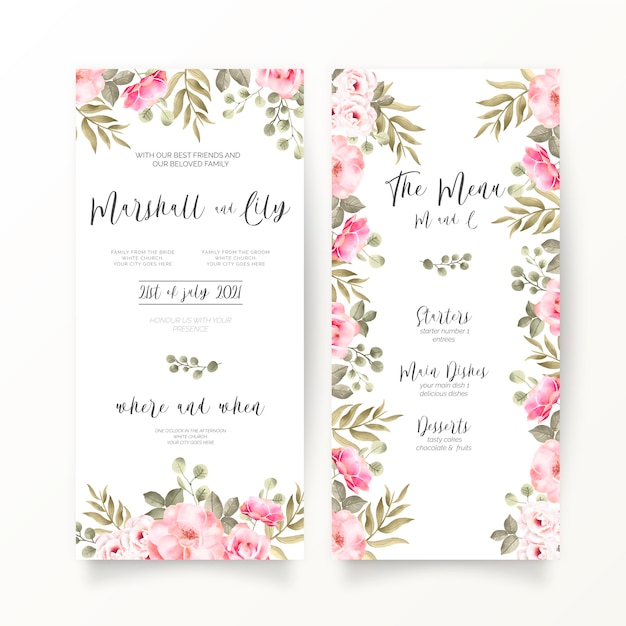 DL wedding invitation and menu template with soft pink flowers