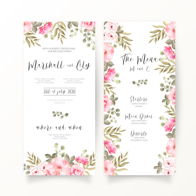 DL свадебное приглашение и шаблон меню с нежно-розовыми цветами