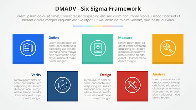 DMADV six sigma framework methodology concept for slide presentation with square shape combination up and down with 5 point list with flat style