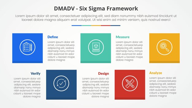 DMAD6 シグマフレームワーク: スライドプレゼンテーションのコンセプト: 円形の形状の組み合わせ上下5ポイントリストフラットスタイル