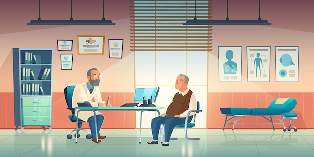 무료 벡터 의사와 환자는 의료 사무실에 앉아. 남성 의사와 노인 병원이나 클리닉에서 캐비닛 내부의 만화 그림. 메딕 상담 개념
