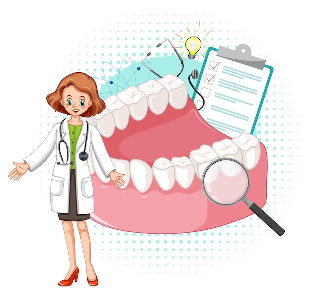Бесплатное векторное изображение Доктор и модель зубов на белом фоне