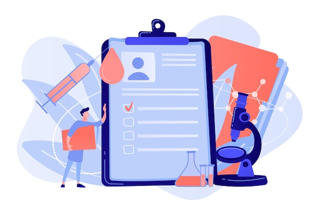 doctor at clipboard with data, syringe with blood drop. aids, immunodeficiency virus infection and immune deficiency concept on white background. pinkish coral bluevector isolated illustration
