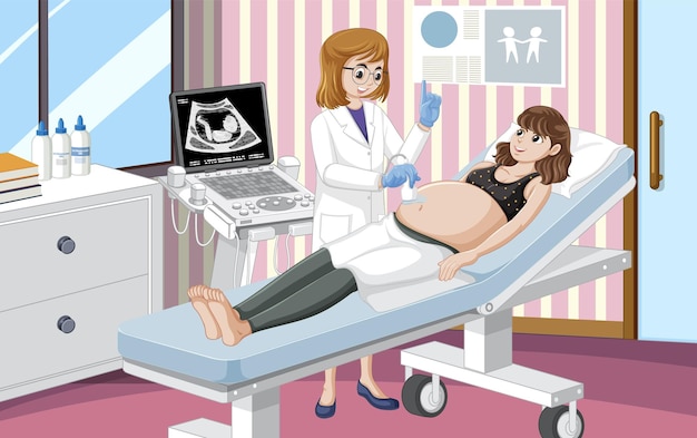 Free vector doctor doing ultrasound scan for pregnant woman in hospital