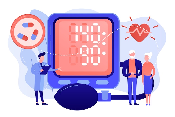 Doctor, elderly couple at tonometer hight blood pressure, tiny people. High blood pressure, hypertension disease, blood pressure control concept. Pinkish coral bluevector isolated illustration