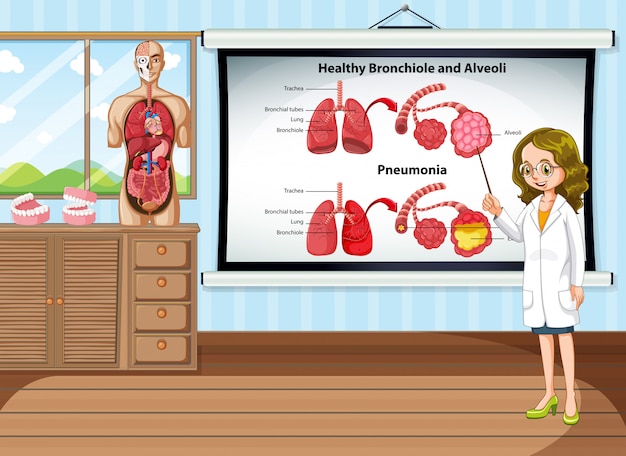 Доктор, объясняя болезнь легких в комнате