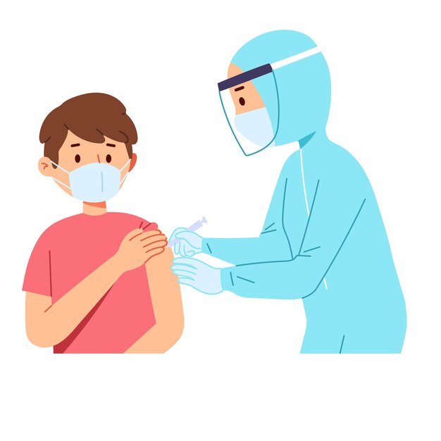 의사 의료 종사자가 환자에게 코 비드 코로나 백신 주사기를 주입하는 데 도움