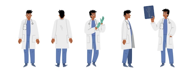 Бесплатное векторное изображение Медицинский персонал больницы доктора на работе спереди и сзади медицинский персонаж мужского пола в белом халате со стетоскопом на шее берет перчатки, держит рентгеновский снимок мультфильм линейный плоский векторный набор иллюстраций