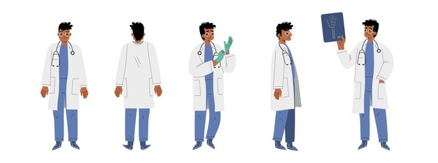 doctor hospital healthcare staff at work front side and rear view medic male character in white robe with stethoscope on neck take on gloves hold xray cartoon linear flat vector illustration set