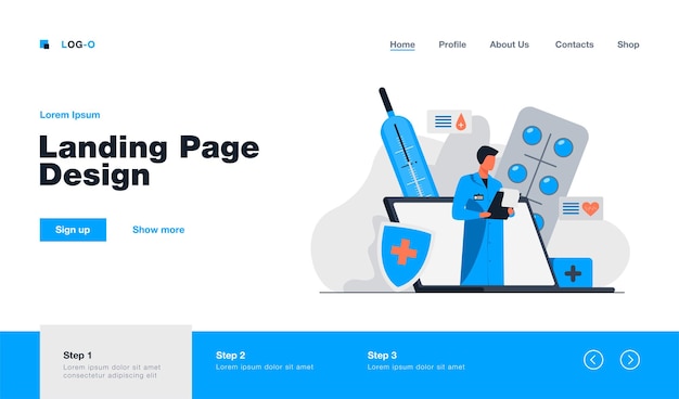 無料ベクター フラットスタイルで病歴のランディングページを読むノートパソコンの画面の医師