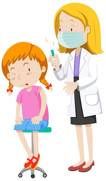 Doctor injecting flu vaccine for girl cartoon character