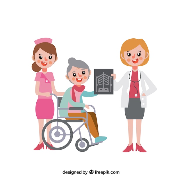 Врач, медсестра и женщина в инвалидной коляске