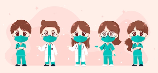 Doctor and nurse professional team health and medical set hand drawn cartoon art illustration