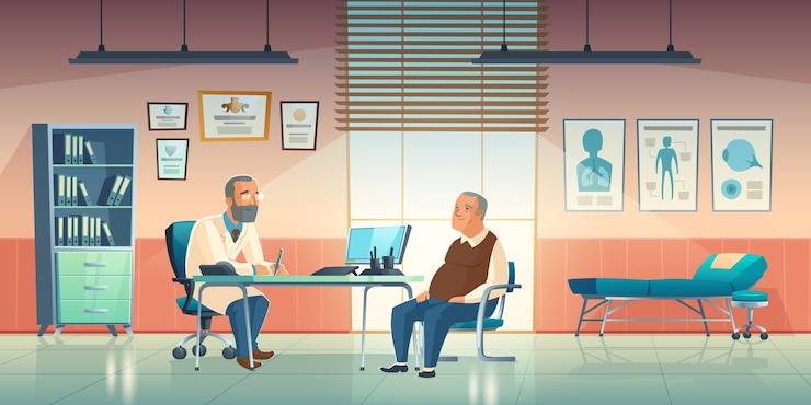Free Vector doctor and patient sit in medical office. cartoon illustration of cabinet interior in hospital or clinic with male physician and elderly man. medic consultation concept
