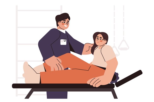 Doctor physiotherapy help patient to recover leg after injury