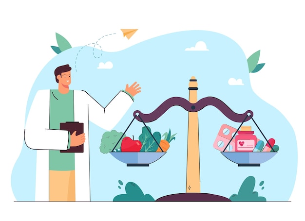 Free vector doctor next to scales with pills and vegetables. balance between healthy food and vitamins flat illustration