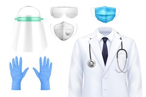 Doctor self protection uniform realistic set of isolated icons of suit masks and gloves with goggles