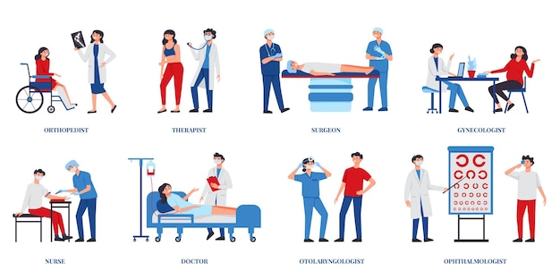 Set medico con composizioni isolate di personaggi umani con specialisti medici che aiutano i pazienti e didascalie di testo illustrazione vettoriale