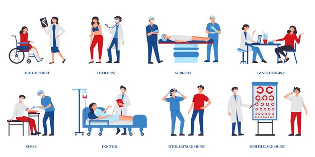 환자와 텍스트 캡션 벡터 일러스트레이션을 돕는 의료 전문가와 함께 인간 캐릭터의 고립된 구성으로 구성된 의사
