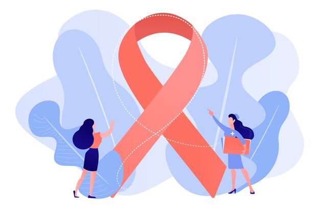 Doctor showing breast cancer awareness ribbon to the female patient. Breast cancer, women oncology factor, breast cancer prevention concept. Pinkish coral bluevector vector isolated illustration