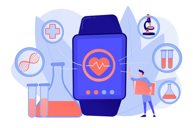 Doctor and smartwatch with heart and medical icons. Smartwatch health tracker and health monitor, activity tracking concept Pinkish coral bluevector isolated illustration