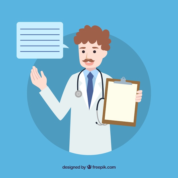 Free vector doctor talking and holding clipboard