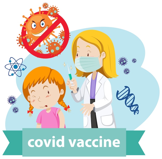 A doctor wears mask and holding medical syringe with needle for covid-19 or coronavirus and a girl logo or banner