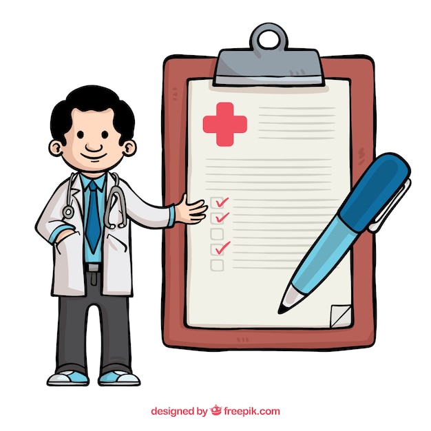 Free vector doctor with clipboard in hand drawn style