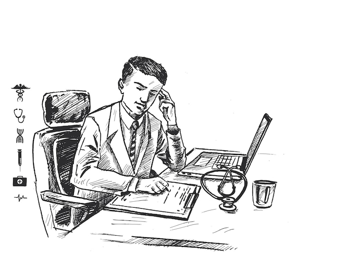 Free Vector doctor working on computer at his desk in medical office