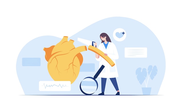 医師は、科学と医学の概念における実験室の革新的な技術の仮想インターフェイスで治療のために患者の心臓を分析しますベクトルイラスト文字フラットデザイン