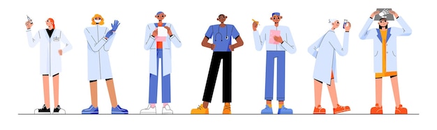 Бесплатное векторное изображение Набор плоских персонажей для врачей и медсестер