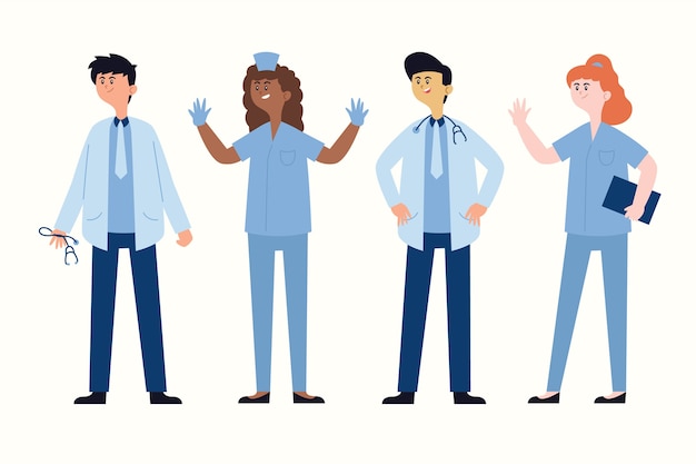 Free vector doctors in blue uniforms standing and talking