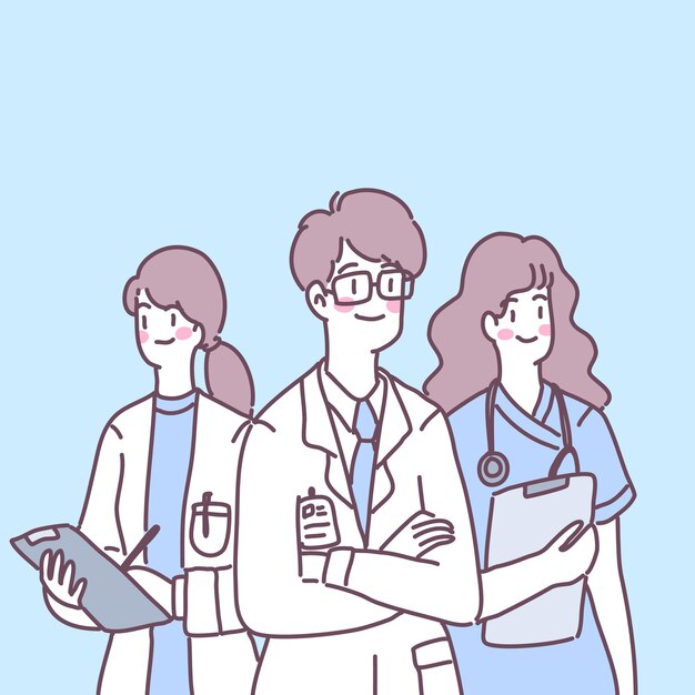 看護師と医師とのフラット手描き病院受付イラスト 無料のベクター