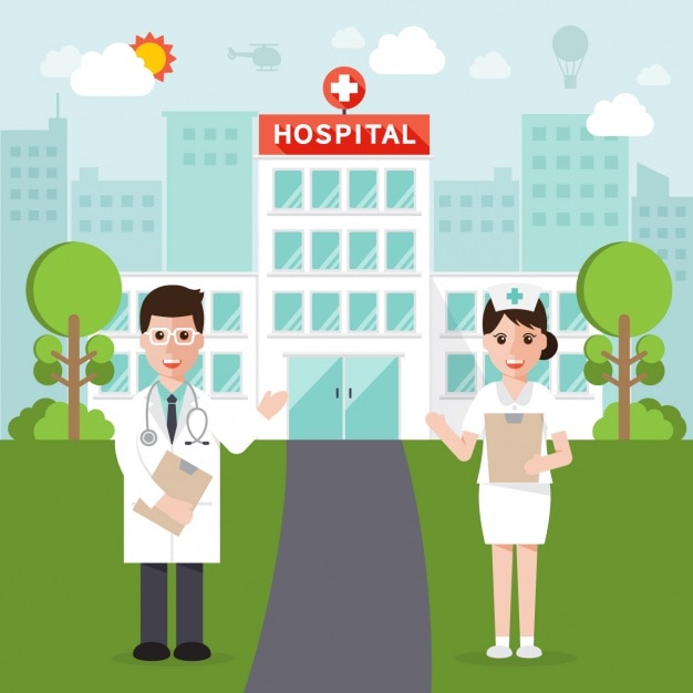 Free vector doctors posing in front of hospital