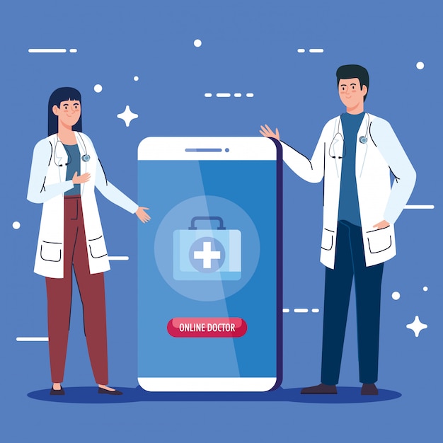 Free vector doctors and smartphone with app of medicine online