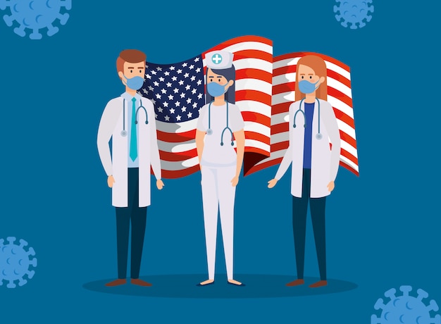 Personale medico con bandiera usa e particelle covid19