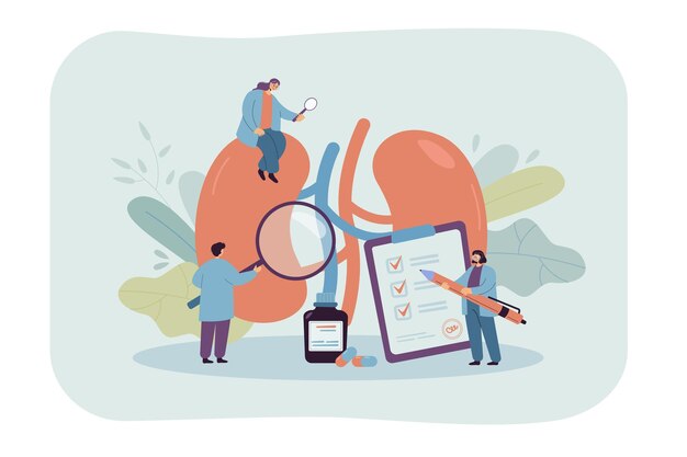 병원에서 기증자의 신장을 연구하는 의사. 수술 평면 그림을 위해 인간의 장기를 검사하는 의료인