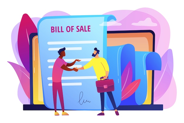 Free vector document for purchase. customer and purchaser deal. buying contract. bill of sale, written selling document, execution of a sales contract concept.