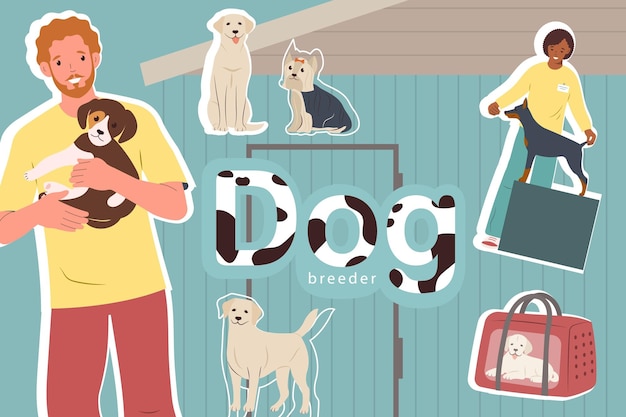 Free vector dog breeder business collage with flat icons of animals with their human masters and pet carriers vector illustration
