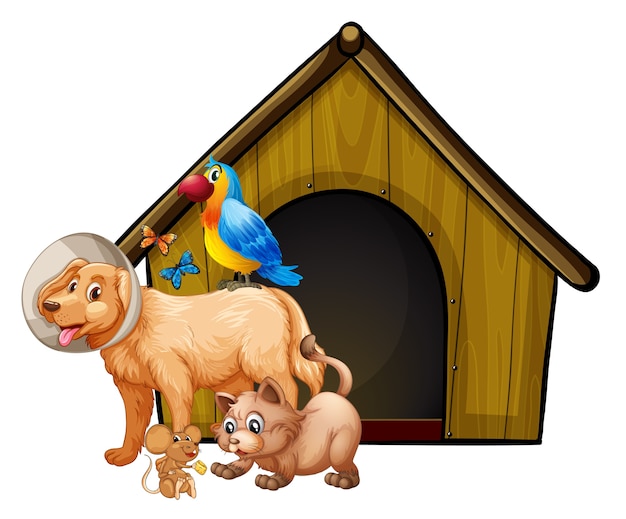 Бесплатное векторное изображение Клетка для собак с изолированным мультфильмом группы собак