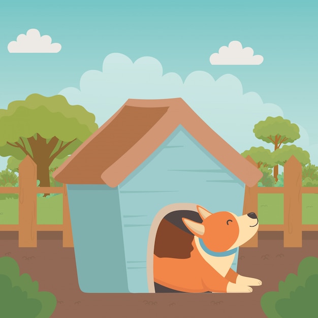 Free vector dog of cartoon inside wood house