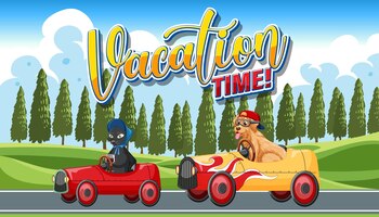 Free vector dog and cat driving a car with vacation time text on nature land