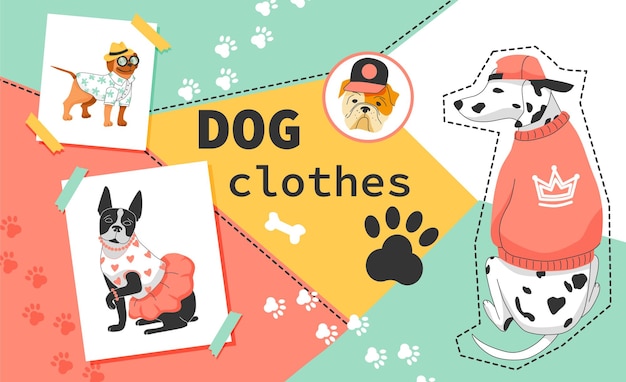 Плоский коллаж в одежде для собак с милыми мультяшными домашними животными, одетыми в куртку, юбку и векторную иллюстрацию свитера