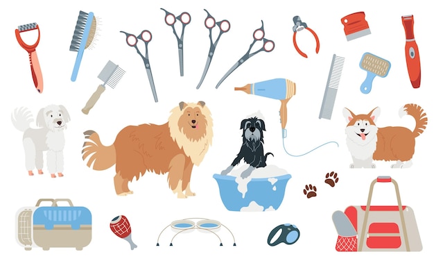 Бесплатное векторное изображение Набор иконок для ухода за собаками с символами парикмахерского стиля, плоская изолированная векторная иллюстрация