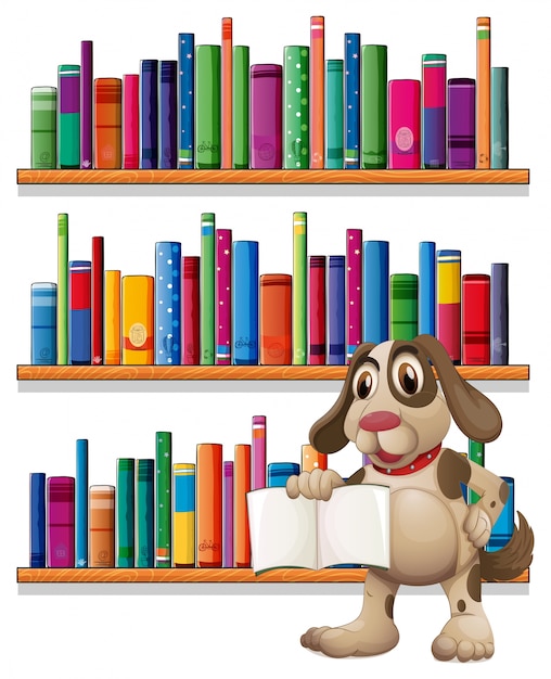 Vettore gratuito un cane che tiene un libro davanti agli scaffali