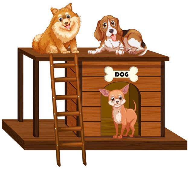 Dog house with cute dogs isolated