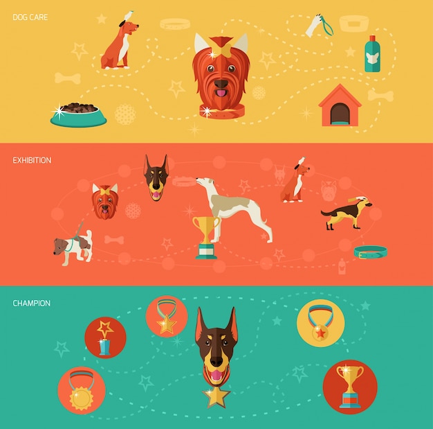 Dog icons banner set with dog care exhibition champion isolated vector illustration