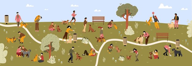 Free vector dog park with people walking with their pets